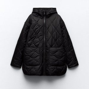 ZARA NWT Sz XS 2023 QUILTED WATER REPELLENT LONGLINE JACKET Black Sold out